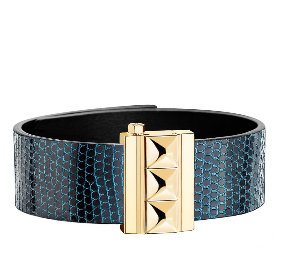Bracelet femme en cuir de lézard bleu, finition or