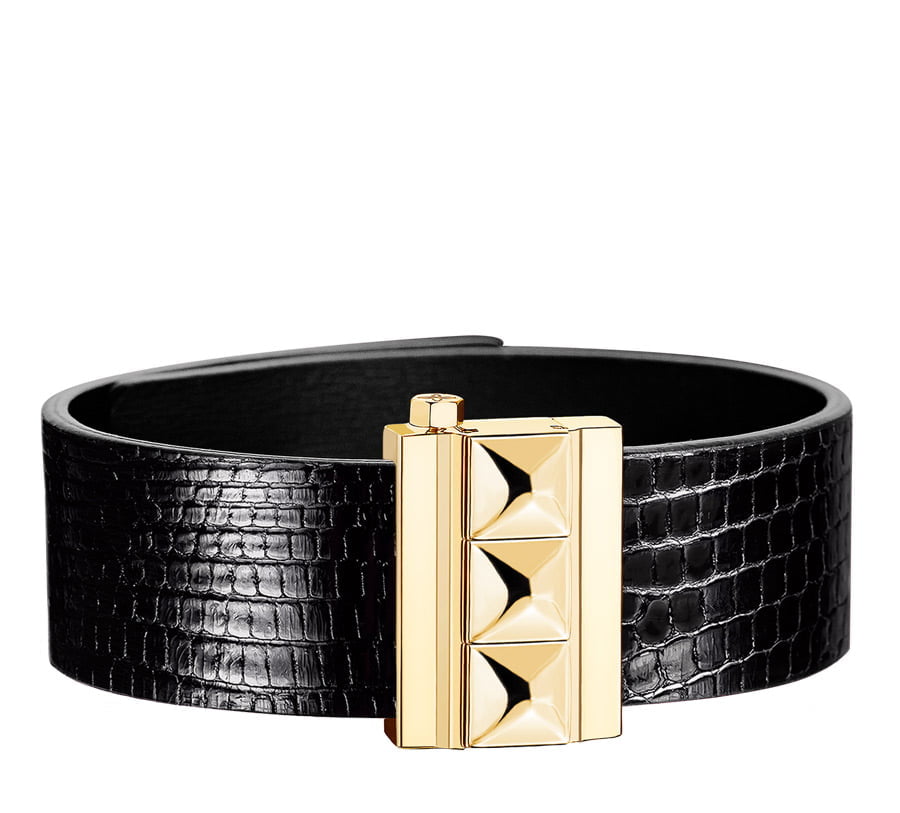 Bracelet femme en cuir de lézard noir, finition or