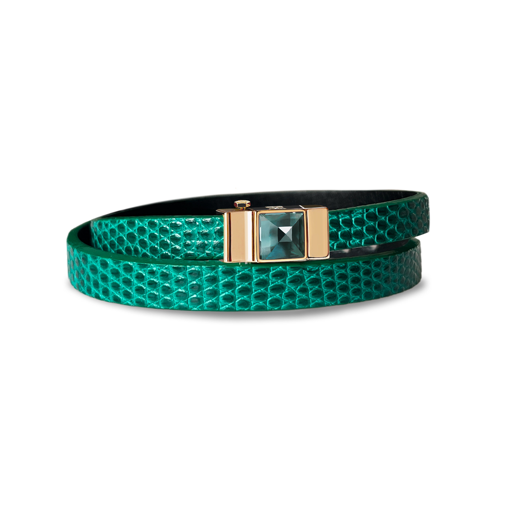 Bracelet double tour cuir femme en lézard vert. Cabochon topaze blue london XL