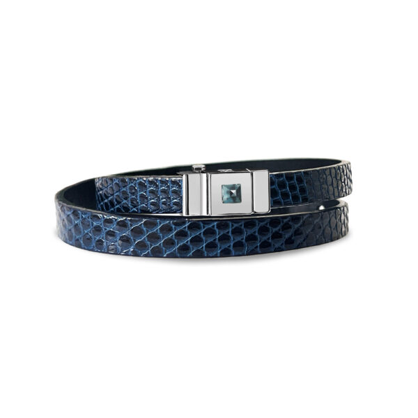 Bracelet double tour cuir femme en lézard bleu. Cabochon topaze blue london