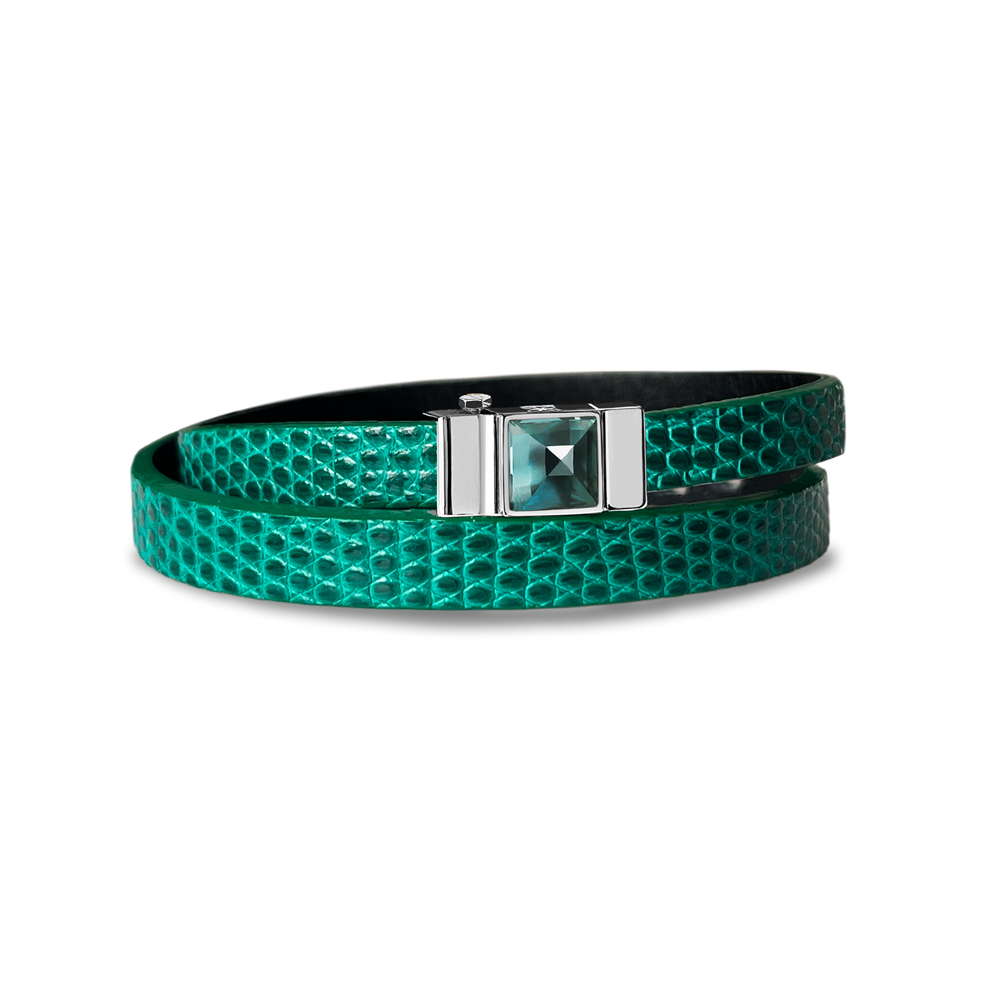 Bracelet double tour cuir femme en lézard vert. Cabochon topaze blue london XL