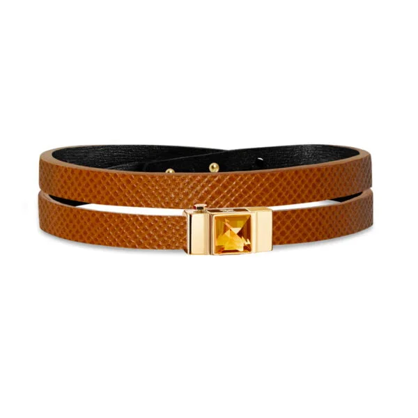 Bracelet double tour femme cuir grainé camel