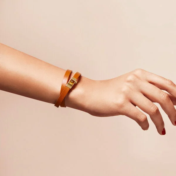 Bracelet double tour femme cuir grainé camel