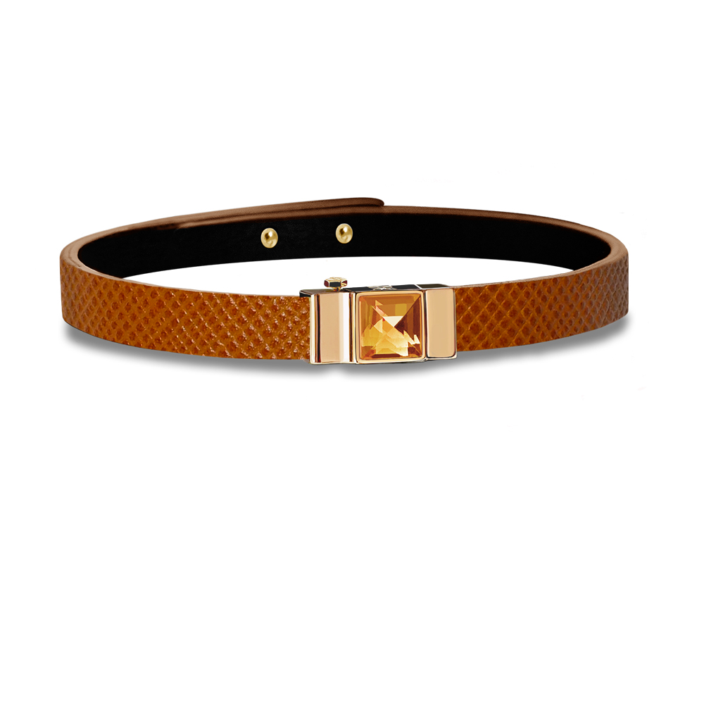 Bracelet femme en cuir de veau grainé camel, cabochon citrine XL