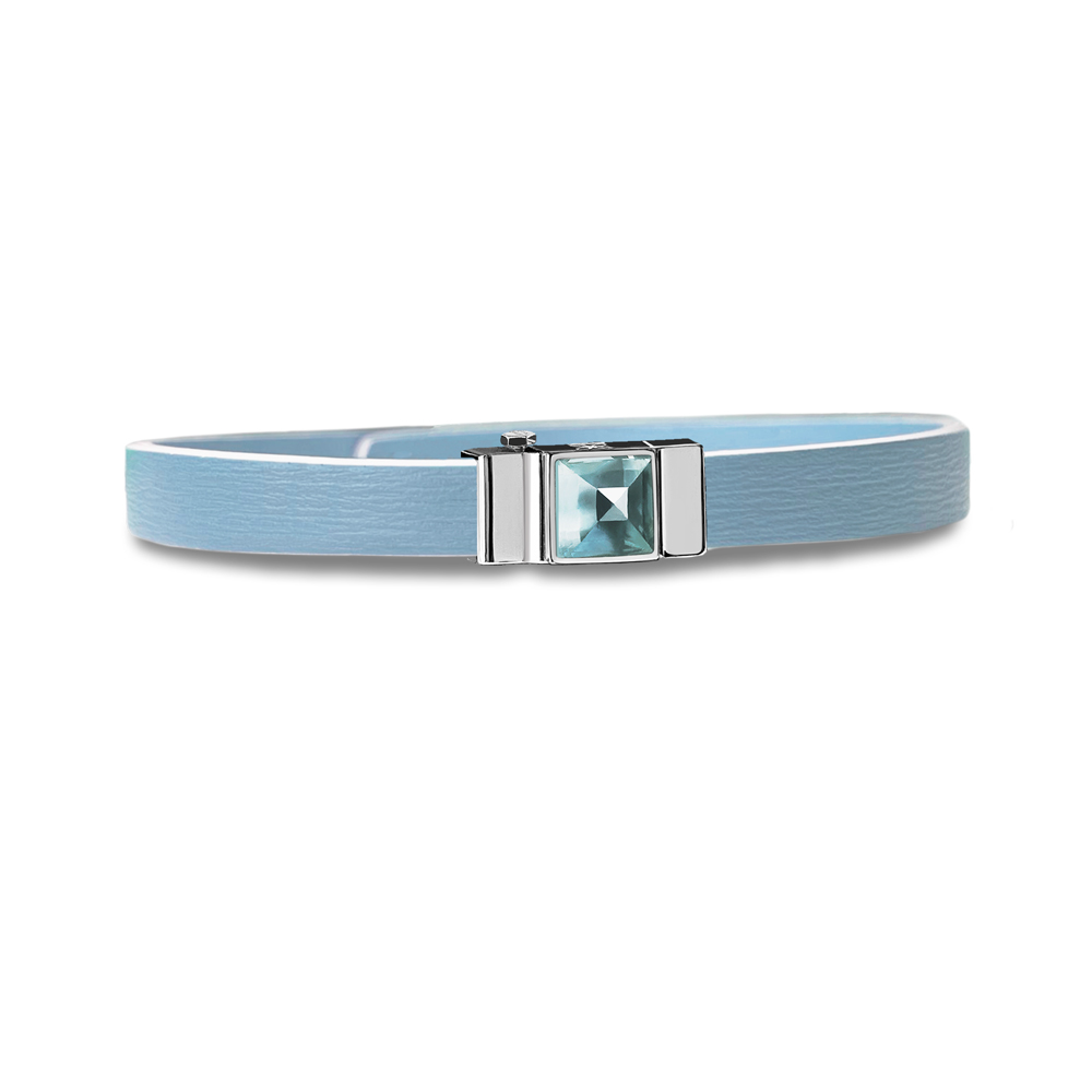 Bracelet en cuir bleu ciel et cabochon Topaze swiss blue XL